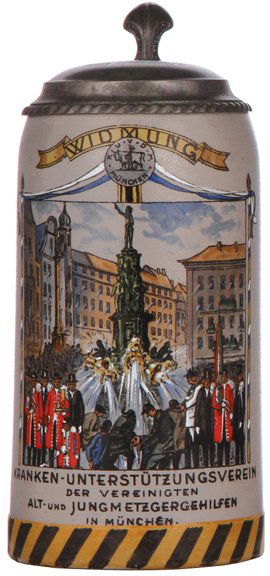 Stoneware stein: Stoneware stein, 1.0L, transfer & enameled, Kranken-Unterstützungsverein der vereinigten Alt und Jungmetzgergehilfen in München, pewter lid, mint