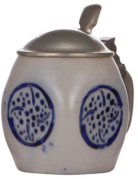 Stoneware stein: Stoneware stein, .5L, engraved, by Richard Riemerschmid, marked 1741, pewter lid, mint