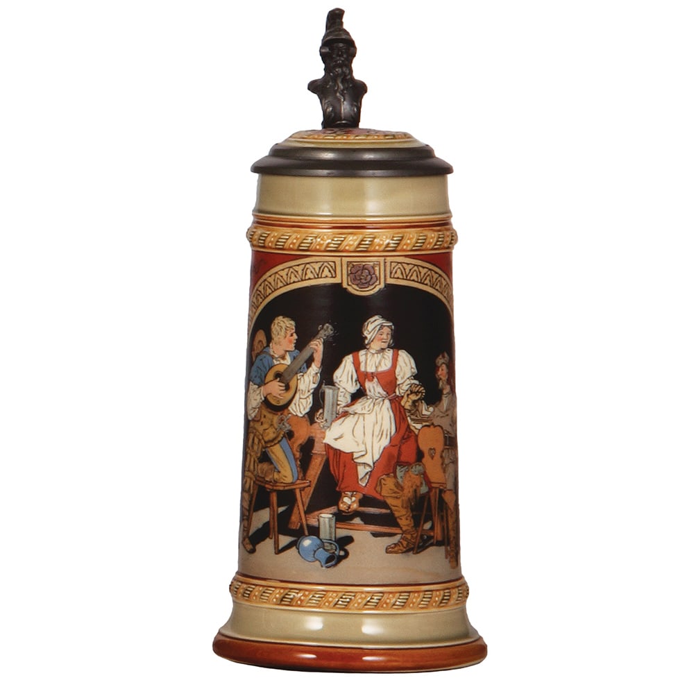 Mettlach stein, .5L, 2693 : Mettlach stein, .5L, 2693, etched, Gasthaus, inlaid lid, mint.