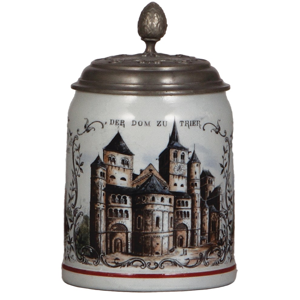 Mettlach stein, .5L, 1526, Der Dom zu Trier : Mettlach stein, .5L, 1526, PUG, Der Dom zu Trier, Porta-Nigra, Römischer Kaiserpalast, custom pewter lid: Andenken an Trier, mint.