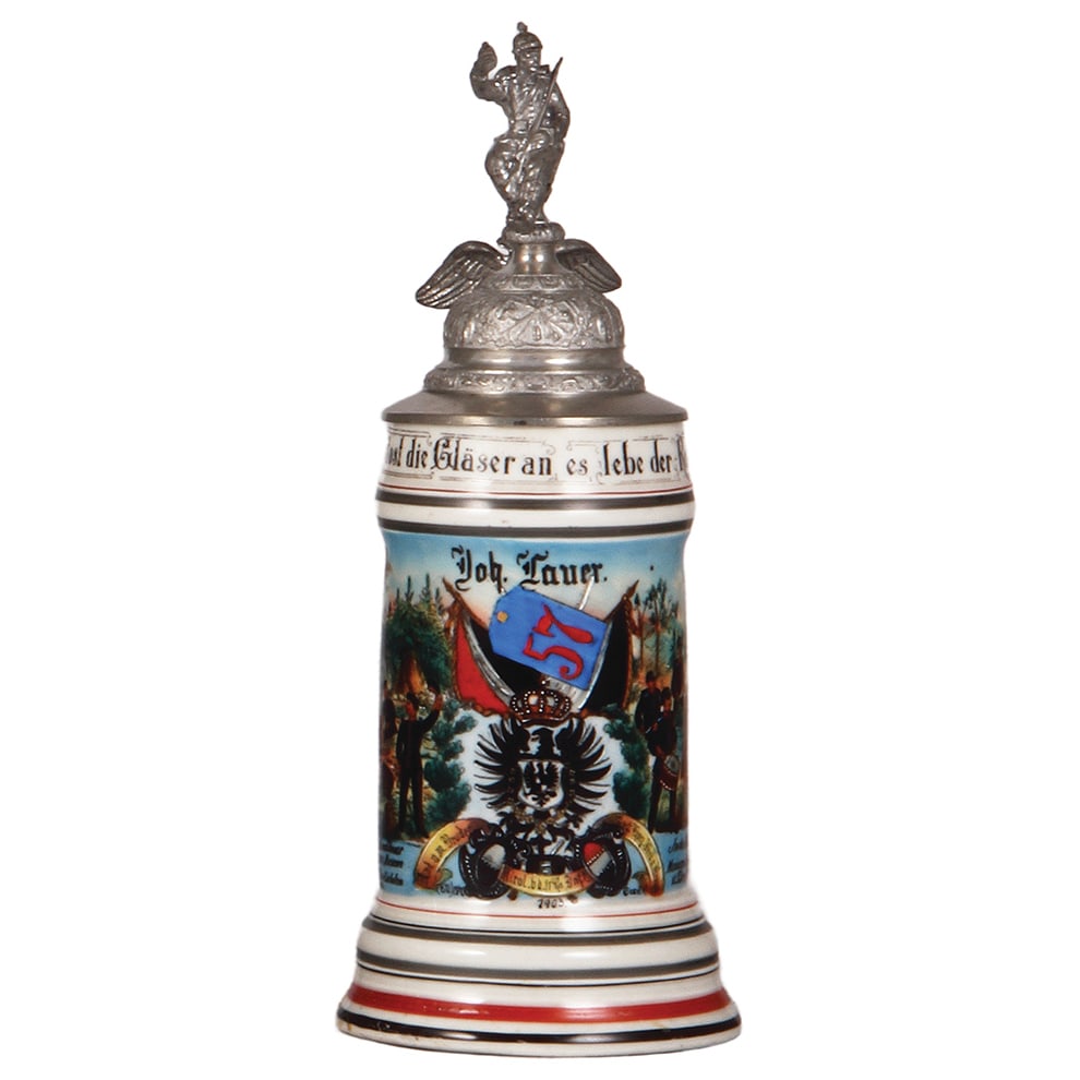 Regimental stein, .5L, Inft. Regt. 57, Wesel: Regimental stein, .5L, 11.5" ht., porcelain, 11. Comp., Inft. Regt. 57, Wesel, 1903, two side scenes, roster, eagle thumblift named to: Joh. Sauer, minor pewter tear, otherwise mint.
