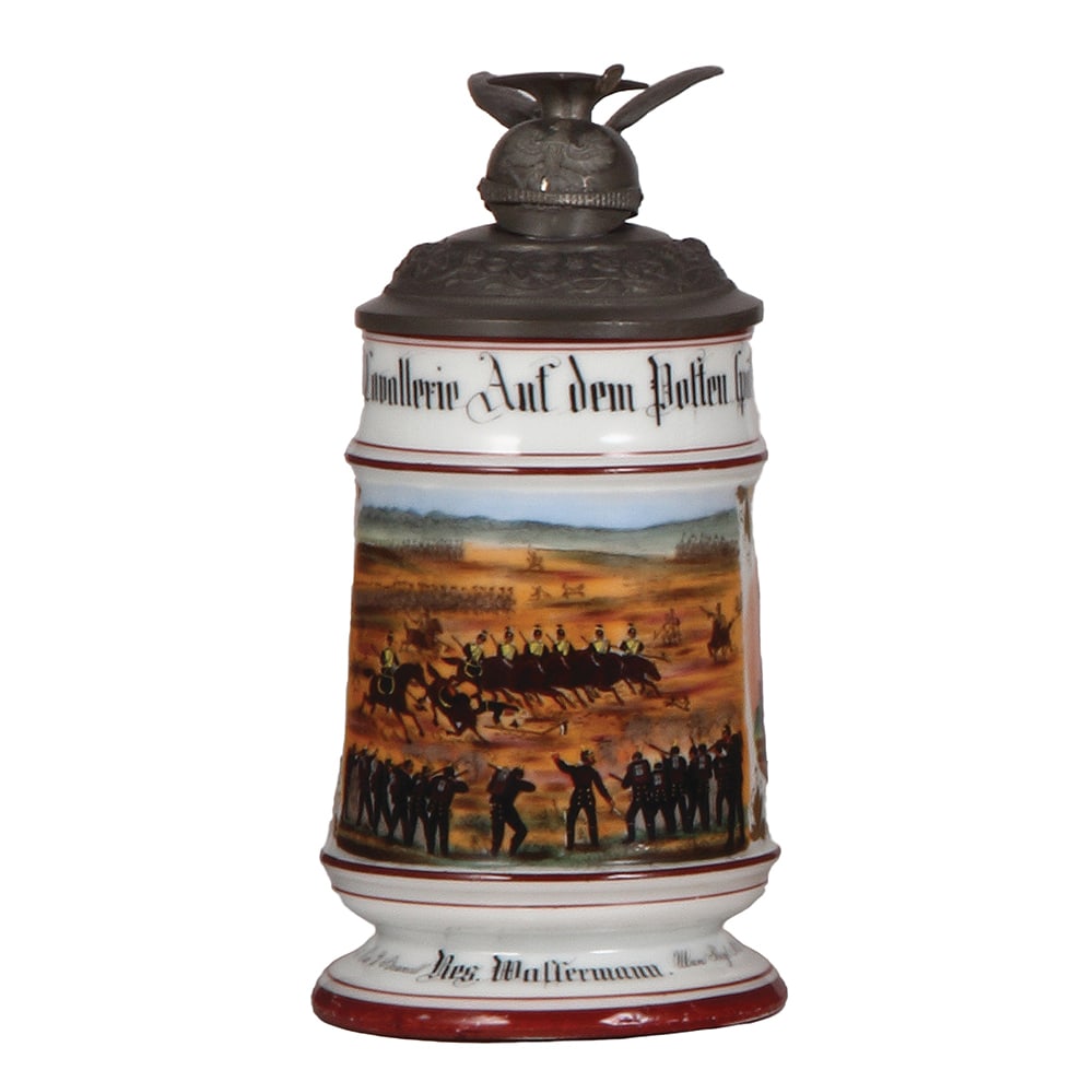 Regimental stein, .5L, Ulanen Regt. Nr. 11, Saarburg : Regimental stein, .5L, 7.8" ht., porcelain, Ulanen Regt. Nr. 11, 5. Esk., Saarburg, 1894 - 1897, two side scenes, eagle thumblift, named to: Res. Wassermann, mint.