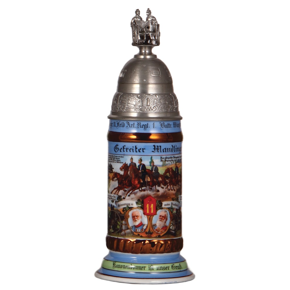 Regimental stein, .5L, 11. Feld Artl. Regt., Würzburg : Regimental stein, .5L, 12.5" ht., porcelain. K.b. 11. Feld Artl. Regt., 1. Battr., Würzburg, 1910 - 1912, four side scenes, roster, lion thumblift, screw-off lid with prism, named to: Gefreiter Mandl
