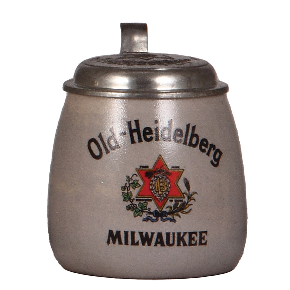 Brewery stein, Old Heidelberg Milwaukee : Brewery stein, stoneware, .5L, transfer & hand-painted, marked Marzi & Remy, #2023, Old Heidelberg Milwaukee, matching pewter lid, mint.