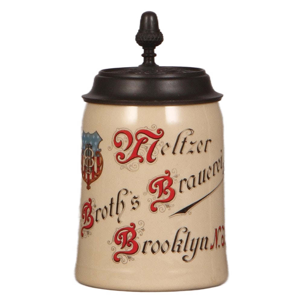 Pre-prohibition brewery stein, .5L, Meltzer Broth's Brauerei Brooklyn N.J : Pre-prohibition brewery stein, pottery, .5L, transfer & hand-painted, Meltzer Broth's Brauerei Brooklyn N.J., pewter lid with brewery logo, mint.