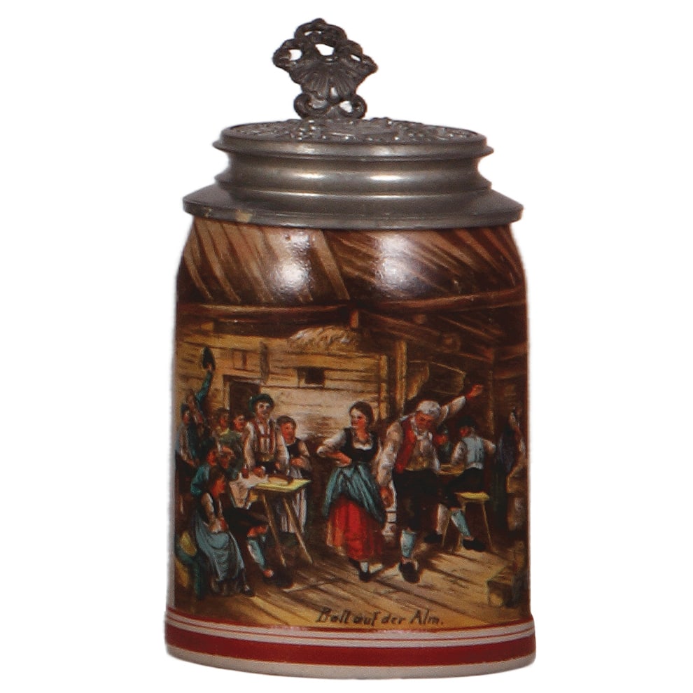 Brewery stein, stoneware, .5L, Klammerbräu Augusthöfter, Bad Tölz : Brewery stein, stoneware, .5L, transfer & hand-painted, Defregger scene: Ball auf der Alm, relief pewter lid: Klammerbräu Augusthöfter, Bad Tölz 1481, rare, mint.
