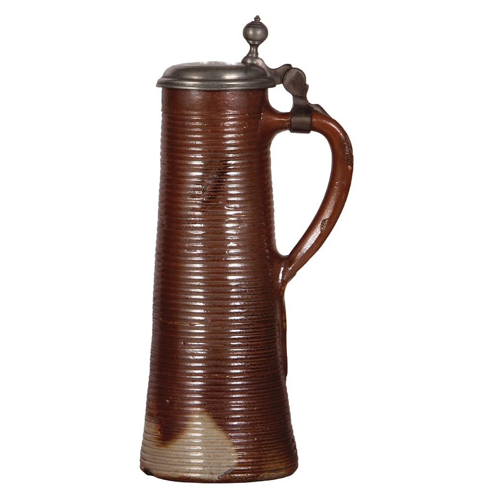 Raerener Walzenkrug, 10.7'' ht., mid 1700s : Raerener Krug, 10.7'' ht., mid 1700s, Raerener Walzenkrug, pewter lid, a few small chips and flakes, pewter strap repaired.