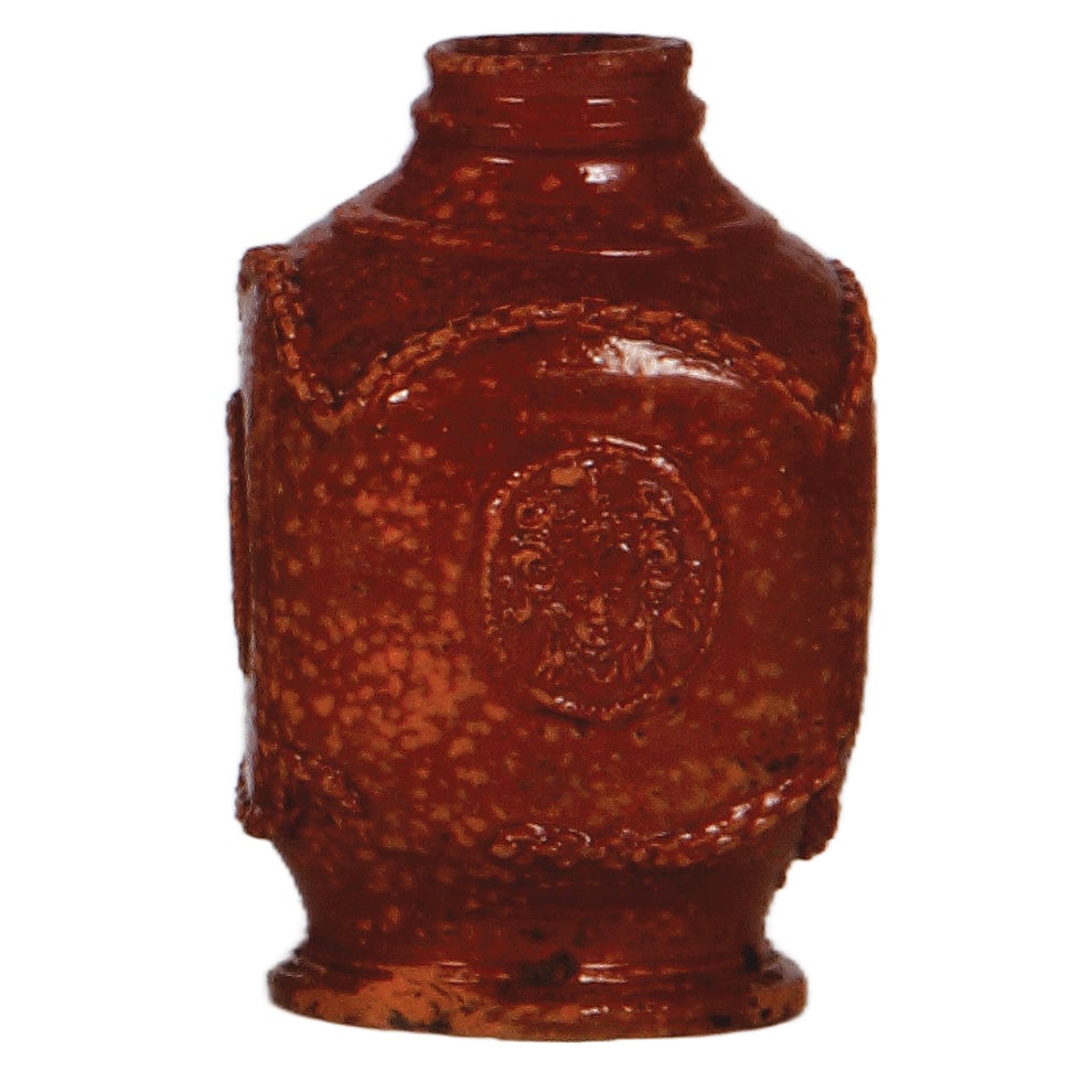 Wetterau Flasche, 5.2'' ht., early 1700s : Wetterau Flasche, 5.2'' ht., early 1700s, stoneware, applied relief & glazed, base chip, glaze flakes.