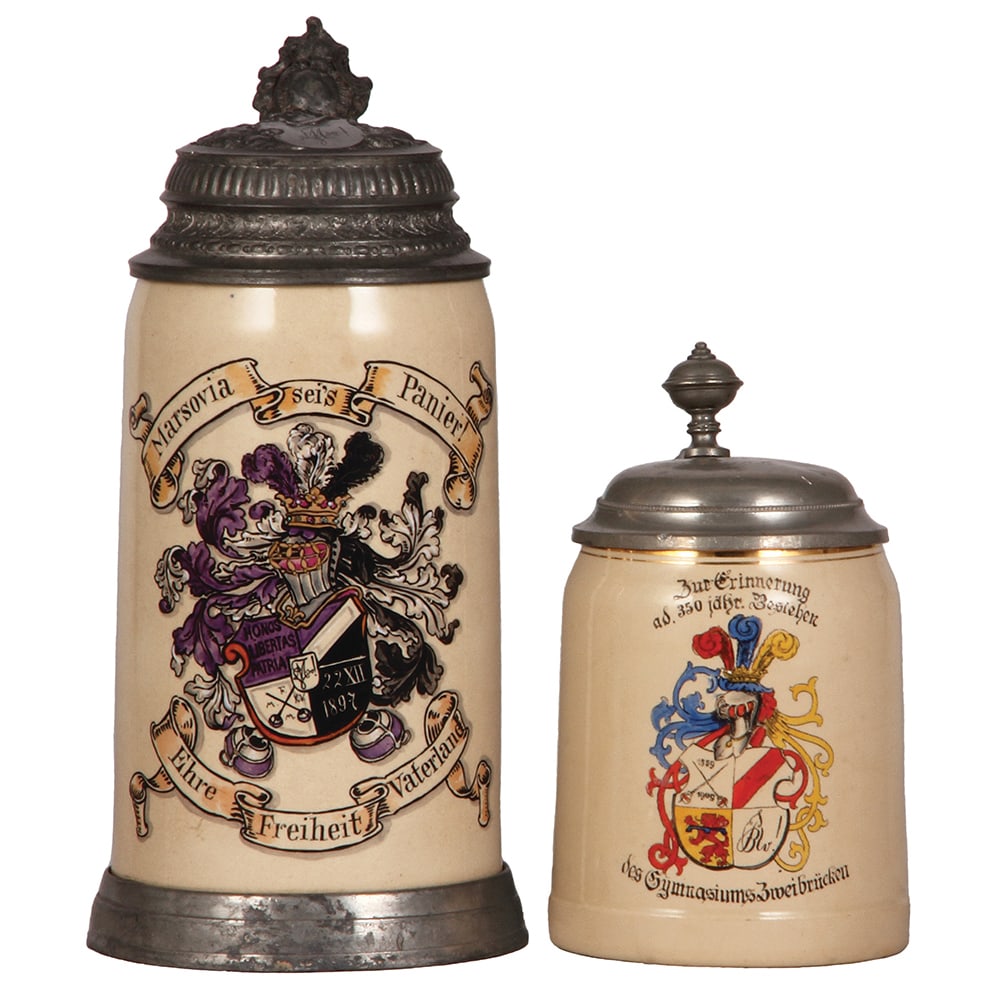 Student steins, two, pottery, 1.0L, & .5L, Mettlach, 1526 (1 of 6)