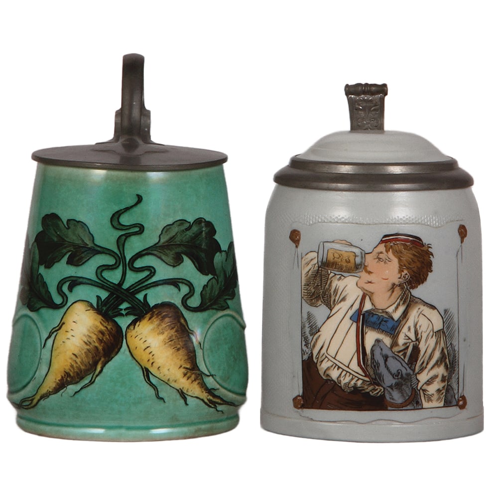 Mettlach steins, two, .5L, 2685/179& .5L, 1647: Mettlach steins, two, .5L, 2685/179, PUG, by R. Riemerschmid, Art Nouveau, pewter lid, 2" hairline, browning; with, .5L, 1647, tapestry, by C. Warth, inlaid lid, mint.