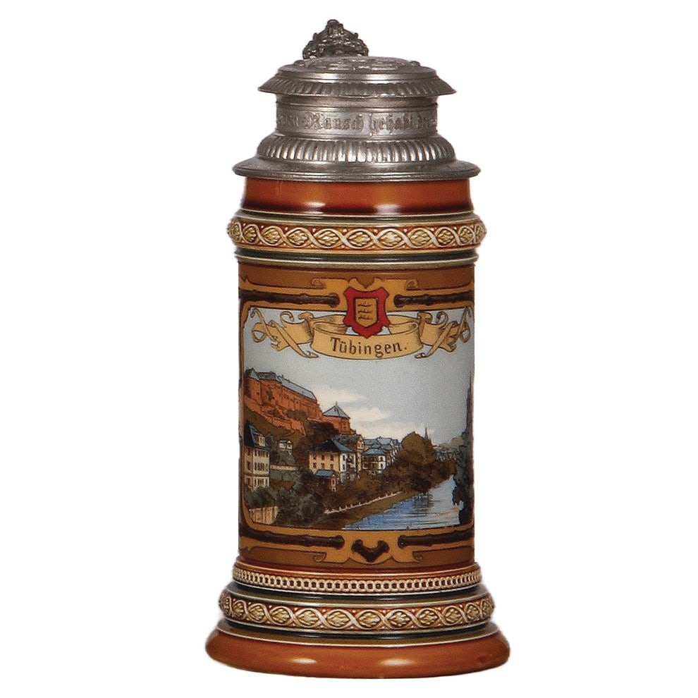 Mettlach stein, .5L, 1741, University Tübingen : Mettlach stein, .5L, 1741, etched, University city Tübingen, by Warth, original pewter lid, rare, mint.