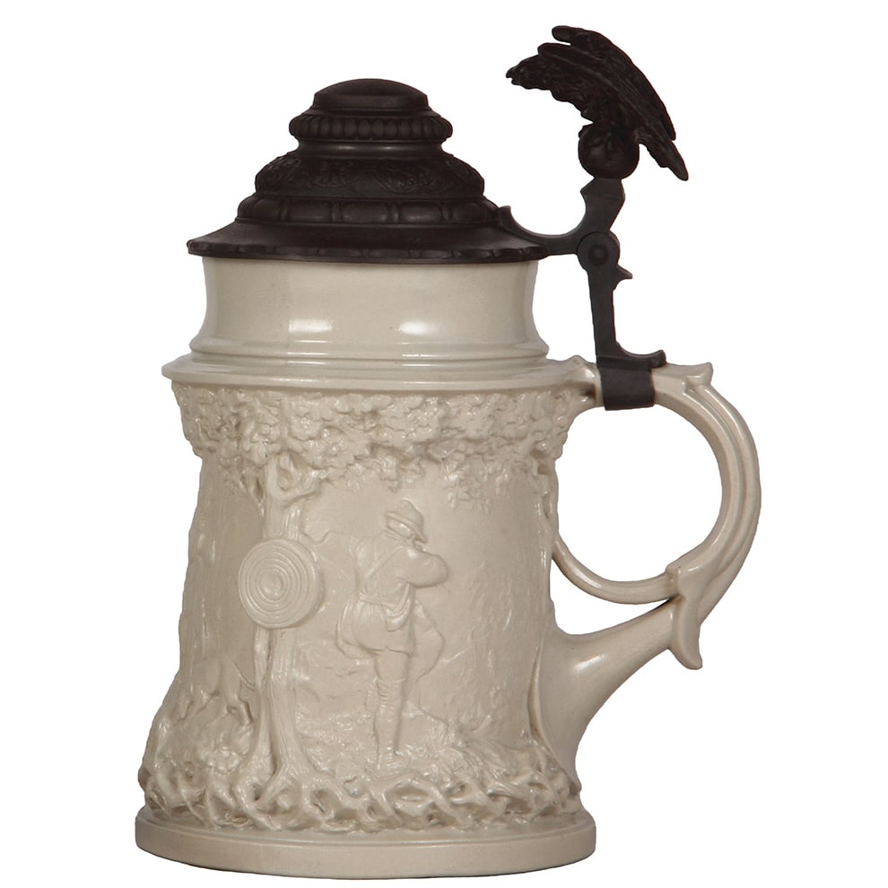 Mettlach stein, 1.8L, 812 : Mettlach stein, 1.8L, 10.8" ht., 812, early version, hunting scenes, original pewter lid, large eagle thumblift, mint.