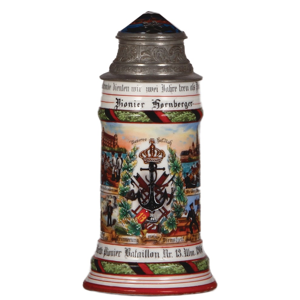 Regimental stein, .5L, Pionier Battl. Nr. 13, Ulm : Regimental stein, .5L, 9.3" ht., porcelain, 3. Comp., Pionier Battl. Nr. 13, Ulm, 1906 - 1908, four side scenes, roster, sparrow thumblift, prism lid, named to: Pionier Hornberger, mint.
