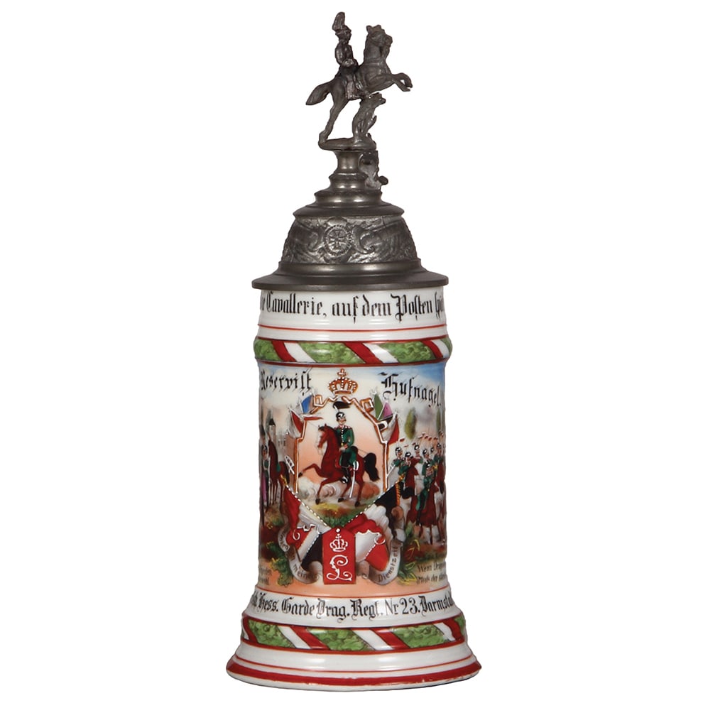 Regimental stein, .5L, Drag. Regt. Nr. 23 : Regimental stein, .5L, 12.0" ht., porcelain, Drag. Regt. Nr. 23, 4. Esk., Darmstadt, 1901 - 1904, two side scenes, roster, lion thumblift, named to: Reservist Hufnagel, finial rider is a replacement,