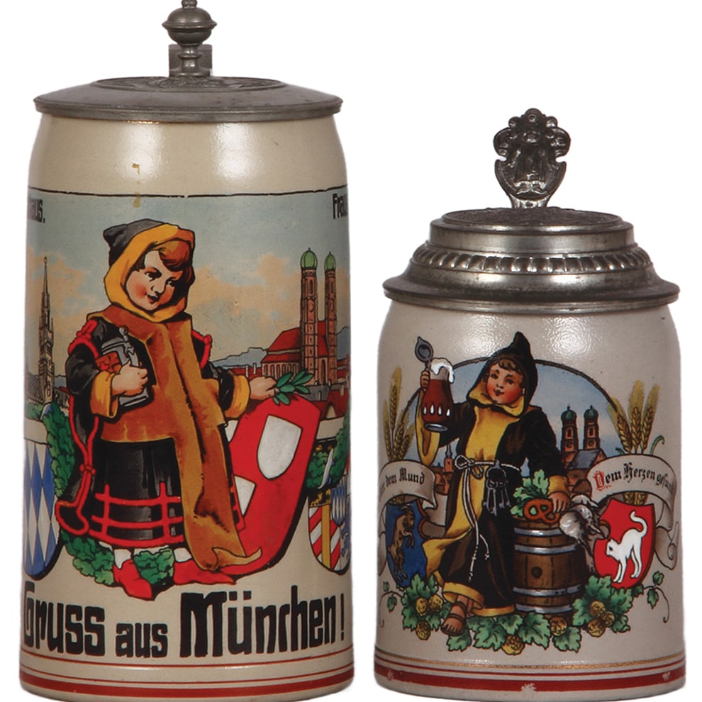 Stoneware steins, two, 1.0L & .5L, by Martin Pauson München : Stoneware steins, two, 1.0L, both transfer & hand-painted, Gruss aus München, relief pewter lid; with, .5L, by Martin Pauson München, relief pewter lid marked Pauson München, both mint.