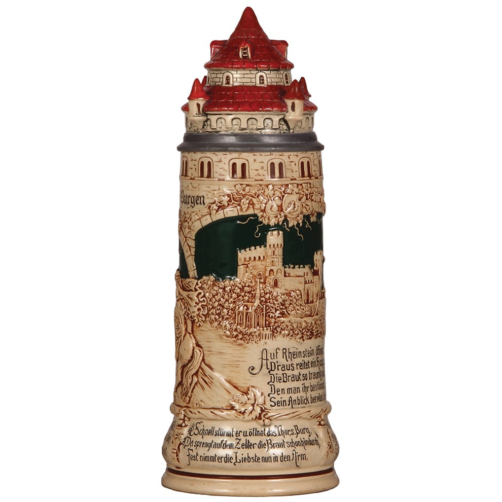 Pottery stein, 1.0L, 12.9" ht., castle Rheinstein : Pottery stein, 1.0L, 12.9" ht., #759, by Matthias Girmscheid, castle Rheinstein, castle roof lid, excellent repair of small chips.