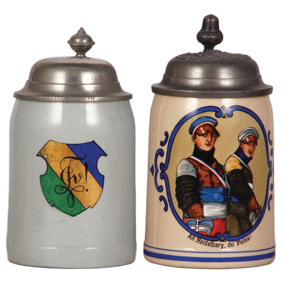 Student steins, two, Mettlach, 1526, & pottery, .5L: Student steins, two, Mettlach, 1526, .5L, print-over-glaze, student society, c.1930, pewter lid, mint; with, pottery, .5L, print-over-glaze, Alt Heidelberg du Feine!, pewter lid is old good replacemen