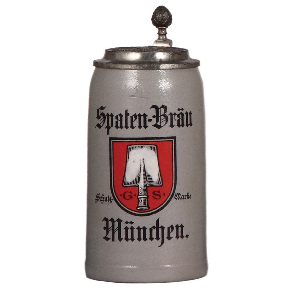 Brewery stein, 1.0L, Spaten-Bräu München : Brewery stein, stoneware, 1.0L, transfer & hand-painted, Spaten-Bräu München, Schutz Marke, matching relief pewter lid, mint.
