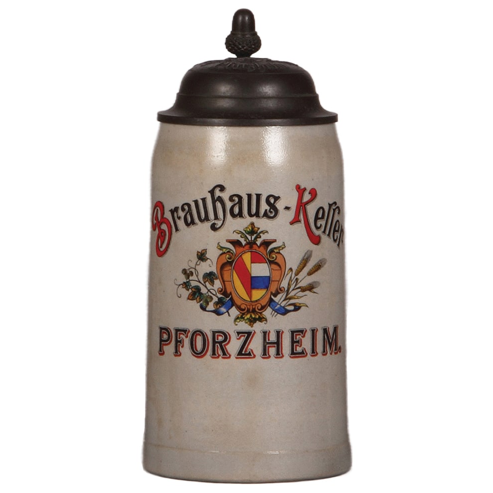 Brewery stein, 1.0L, Brauhaus - Keller Pforzheim : Brewery stein, stoneware, 10L, transfer & hand-painted, marked Merkelbach & Wick, Gr., Brauhaus - Keller Pforzheim, relief pewter lid: Bayer Brauhaus Pforzheim, mint.