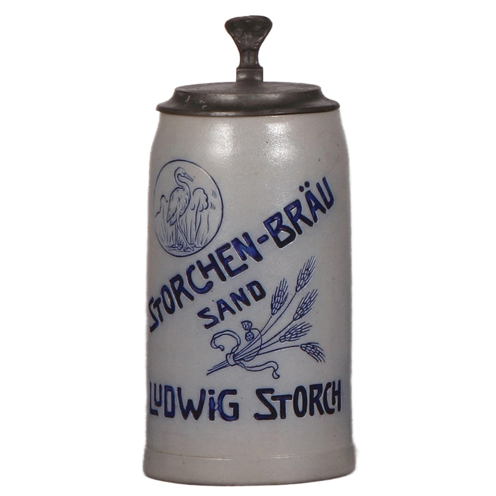 Brewery stein, 1.0L, Storchen Bräu : Brewery stein, stoneware, 1.0L, incised, blue saltglaze, Storchen Bräu, matching relief pewter lid, mint.