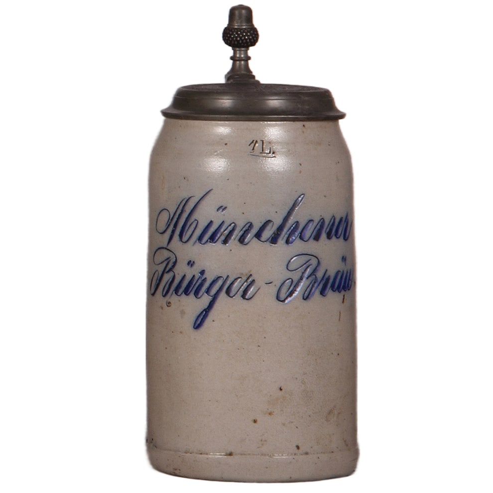 Brewery stein, 1.0L, Münchner Bürger Bräu : Brewery stein, stoneware, 1.0L, hand-engraved, Münchner Bürger Bräu, matching incised pewter lid, mint.