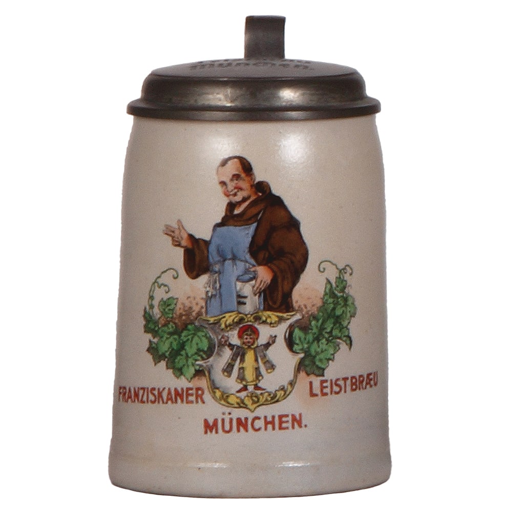 Brewery stein, .4L, Franziskaner Leistbraeu München : Brewery stein, stoneware, .4L, transfer & hand-painted, Franziskaner Leistbraeu München, incised pewter lid, mint.
