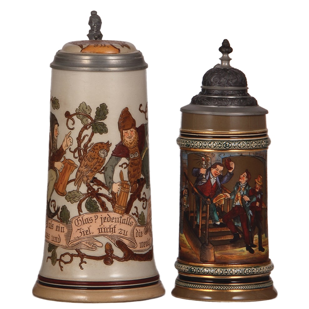 Stoneware steins, two, 1.0L,& .5L, etched : Stoneware steins, two, both etched, 1.0L, stoneware, by Marzi & Remy, #1619, inlaid lid; with, .5L, pottery, marked Gerz, #1217, men leaving Wirtshaus, pewter lid, both mint.