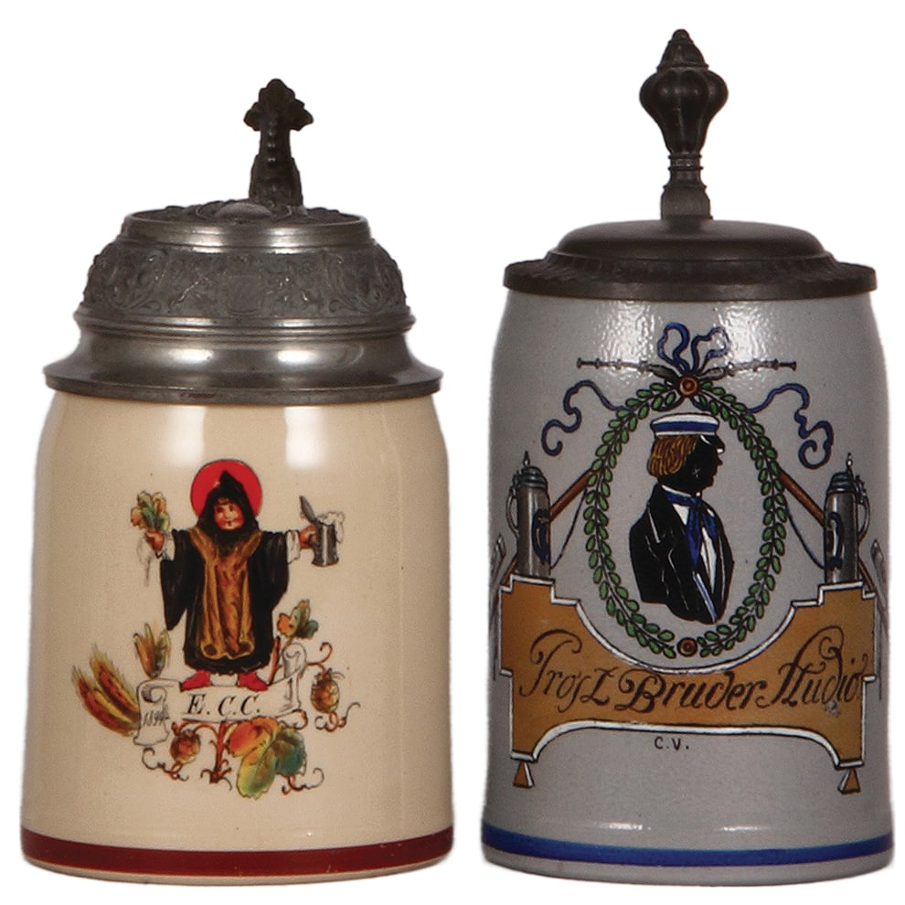 Pottery steins, two, .5L, Münchner Kindl & student : Pottery steins, two, .5L, hand-painted, Münchner Kindl, E.C.C. 1894, relief pewter lid, mint; with, .5L, stoneware, transfer & hand-painted, marked M. & W., B.T.M. Bruder Thannhäuser München, stude