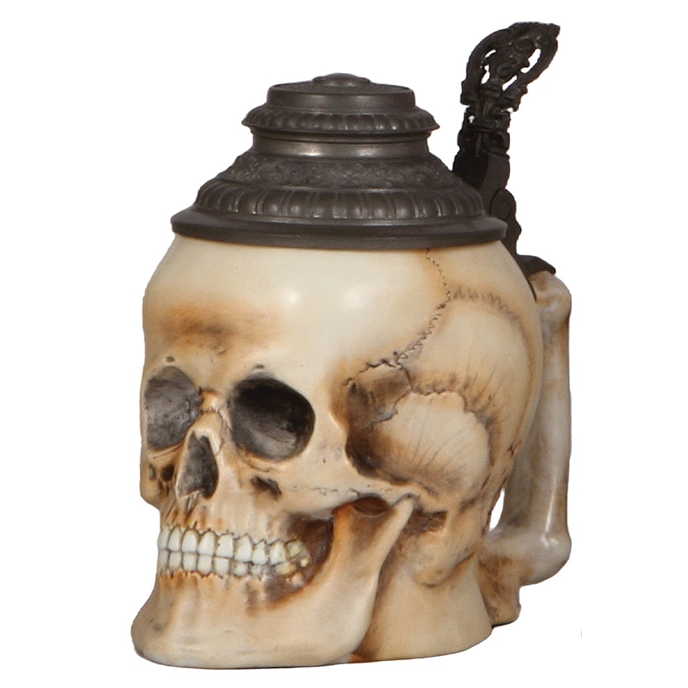 Character stein, .5L, Skull : Character stein, .5L, porcelain, by E. Bohne & Söhne, Skull, original pewter lid, mint.