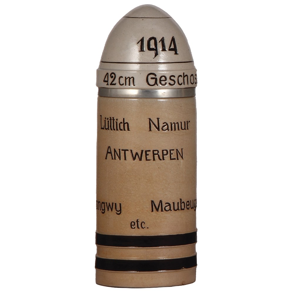 Character stein, .5L, Artillery Shell 1914 : Character stein, .5L, stoneware, marked P.A., #441546, Artillery Shell 1914, small base flake, otherwise mint.