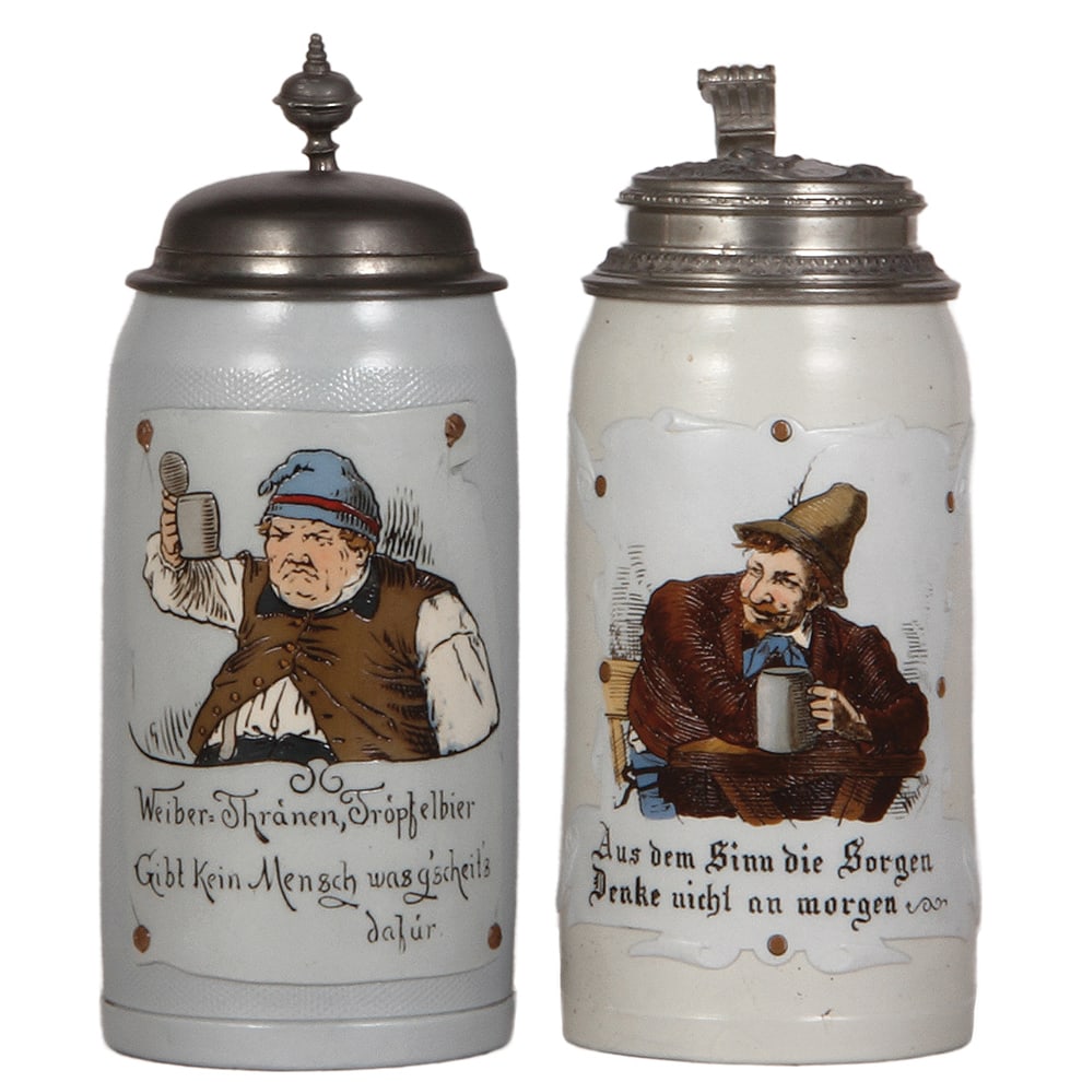 Mettlach steins, 1.0L, 1647 & 1.0L, 1533 : Mettlach steins, two, 1.0L, 1647, etched, tapestry, by C. Warth, pewter lid; with, 1.0L, 1533, etched, tapestry, by C. Warth, pewter lid, both mint.