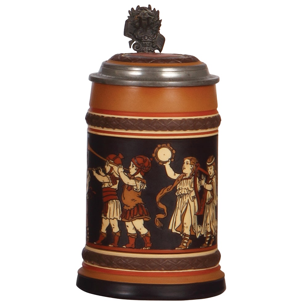 Mettlach stein, .5L, 2302 : Mettlach stein, .5L, 2302, etched, inlaid lid, mint.