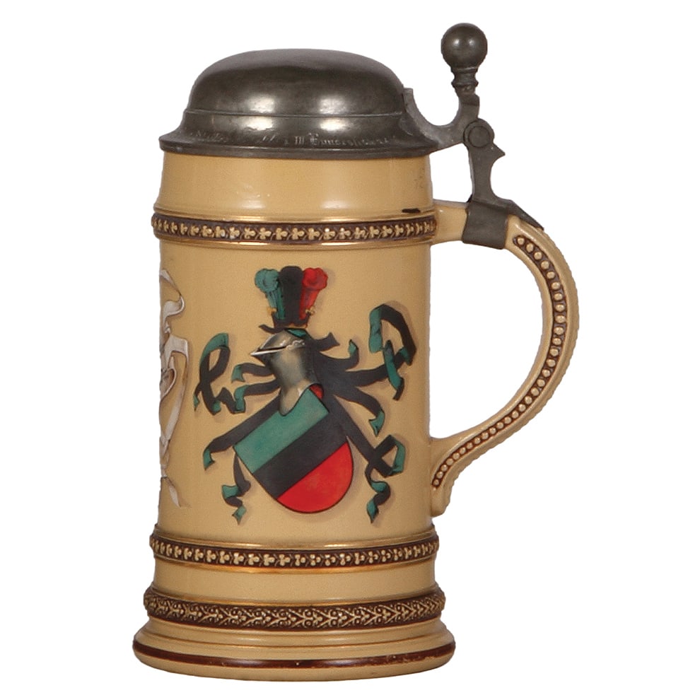 Student stein, .5L, Mettlach, 280 : Student stein, .5L, Mettlach, 280, transfer & hand-painted, double coat-of-arms, pewter lid: student society inscription, pewter tear repaired, otherwise mint.