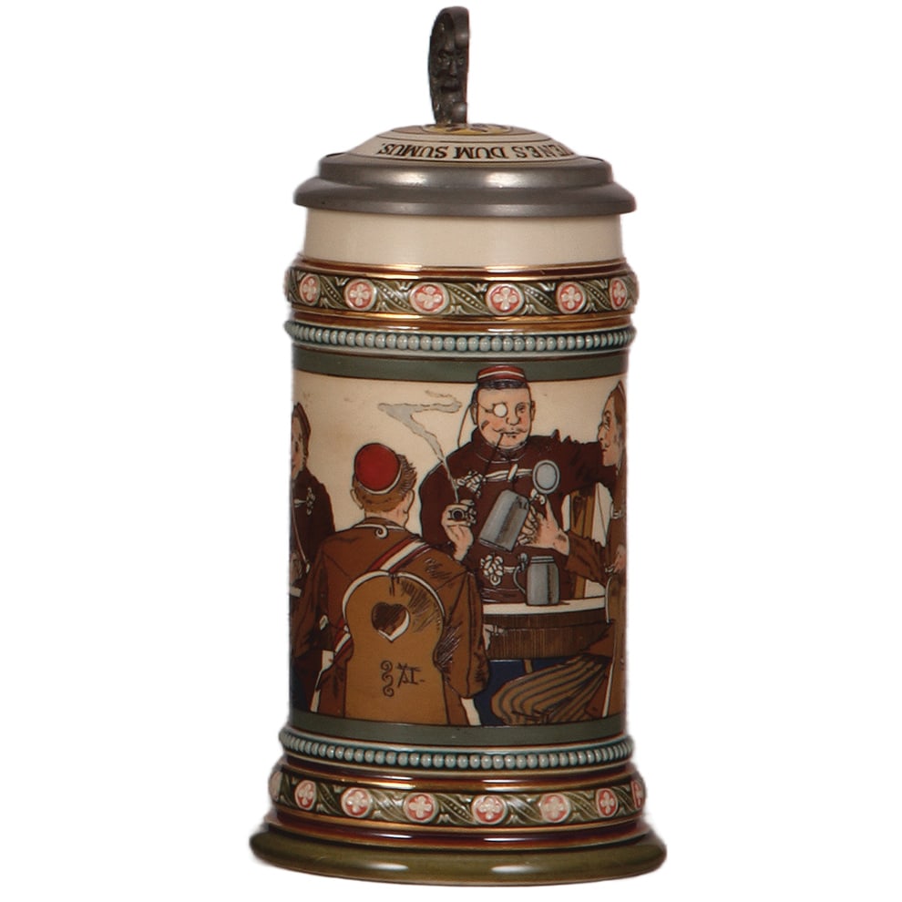 Mettlach stein, .5L, 2051 : Mettlach stein, .5L, 2051, etched, inlaid lid, mint.