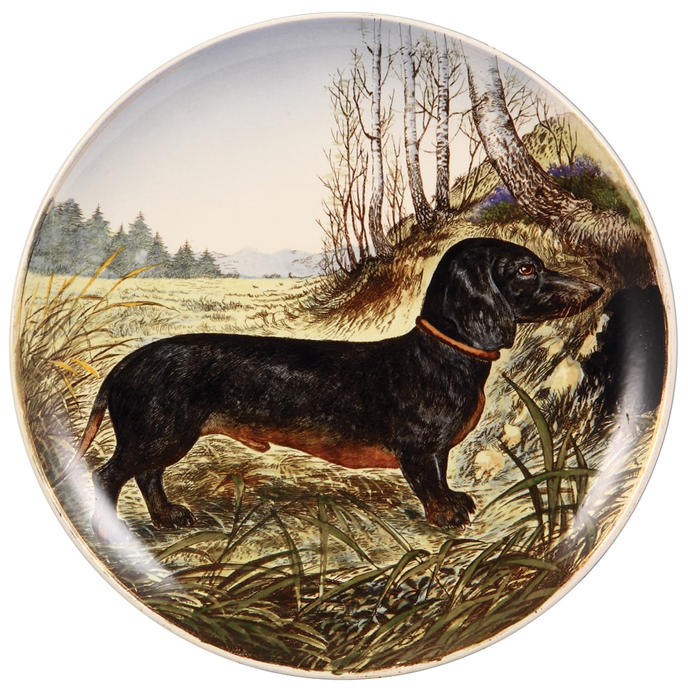 Mettlach plaque, 14.2" d., 1044/9028, Dachshund : Mettlach plaque, 14.2" d., 1044/9028, PUG, Dachshund, mint.