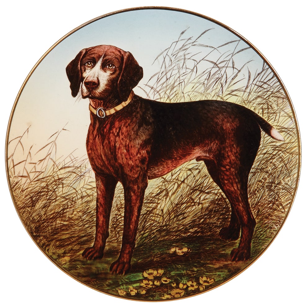 Mettlach plaque, 13.8" d., 1044/9029, German Shorthaired Pointer : Mettlach plaque, 13.8" d., 1044/9029, PUG, German Shorthaired Pointer, mint.