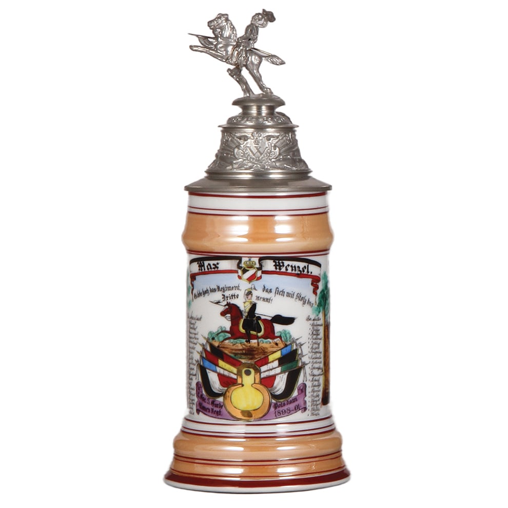 Regimental stein, .5L, 3. Garde Ulanen Regt., Potsdam : Regimental stein, .5L, 11.2" ht., porcelain, 2. Esc., 3. Garde Ulanen Regt., Potsdam, 1898 - 1901, two side scenes, roster, eagle thumblift, named to: Max Wenzel, mint.