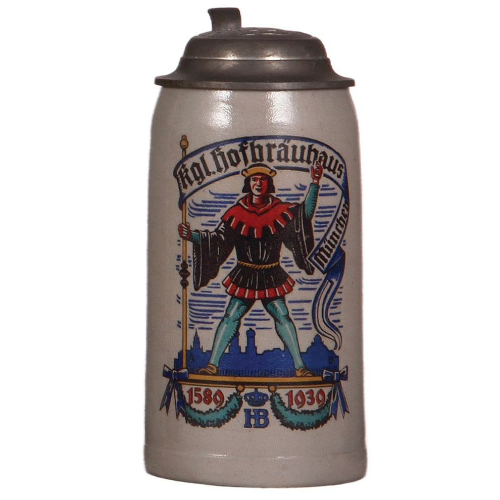 Brewery stein, 1.0L, Hofbräuhaus München, 1589 - 1939 : Brewery stein, stoneware, 1.0L, transfer & hand-painted, marked Marzi & Remy, #29, kgl. Hofbräuhaus München, 1589 - 1939, pewter lid with kgl. Hofbräuhaus München, mint.