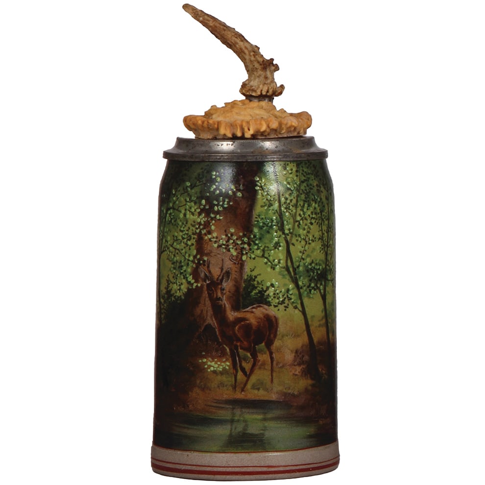 Brewery stein, 1.0L, Rehbock in forest : Brewery stein, stoneware, 1.0L, transfer & hand-painted, Rehbock in forest, pewter lid with carved antler rosette, antler thumblift, mint.