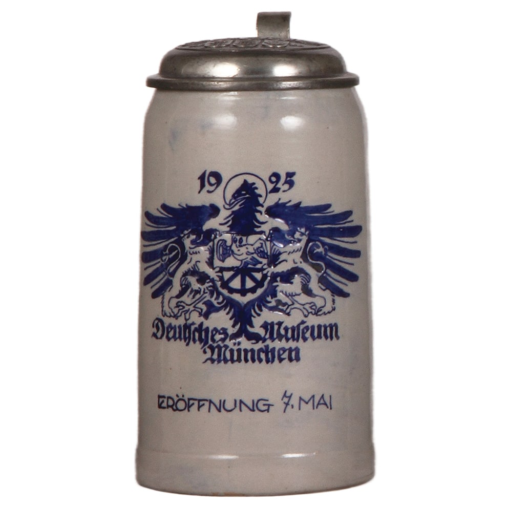 Stoneware stein, 1.0L, 1925 Deutsches Museum München : Stoneware stein, 1.0L, incised, marked Keramische Werkstätten München-Herrsching, 1925 Deutsches Museum München, Eröffnung 7. Mai, relief pewter lid with eleven Munich breweries, mint.