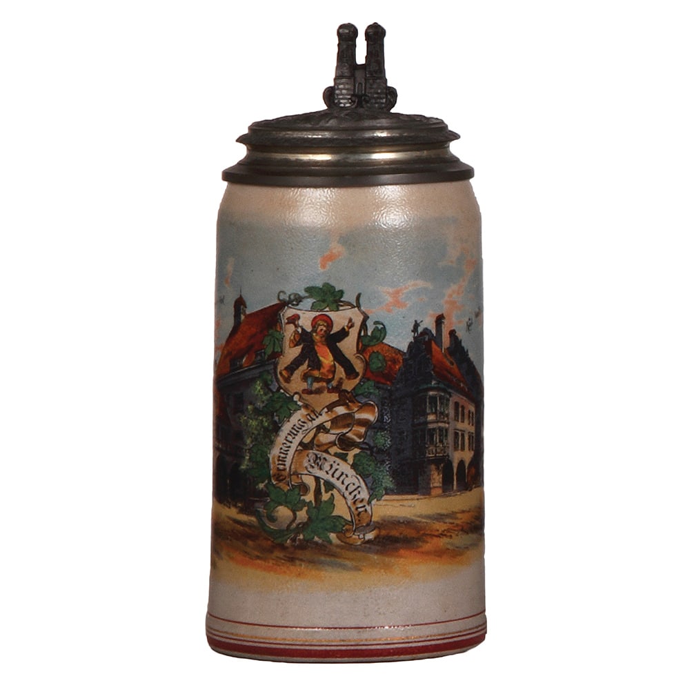 Stoneware stein, 1.0L, Kgl. Hofbrauhaus : Stoneware stein, 1.0L, transfer & hand-painted, marked L. Mory, München, Kgl. Hofbrauhaus, relief pewter lid: München, mint.