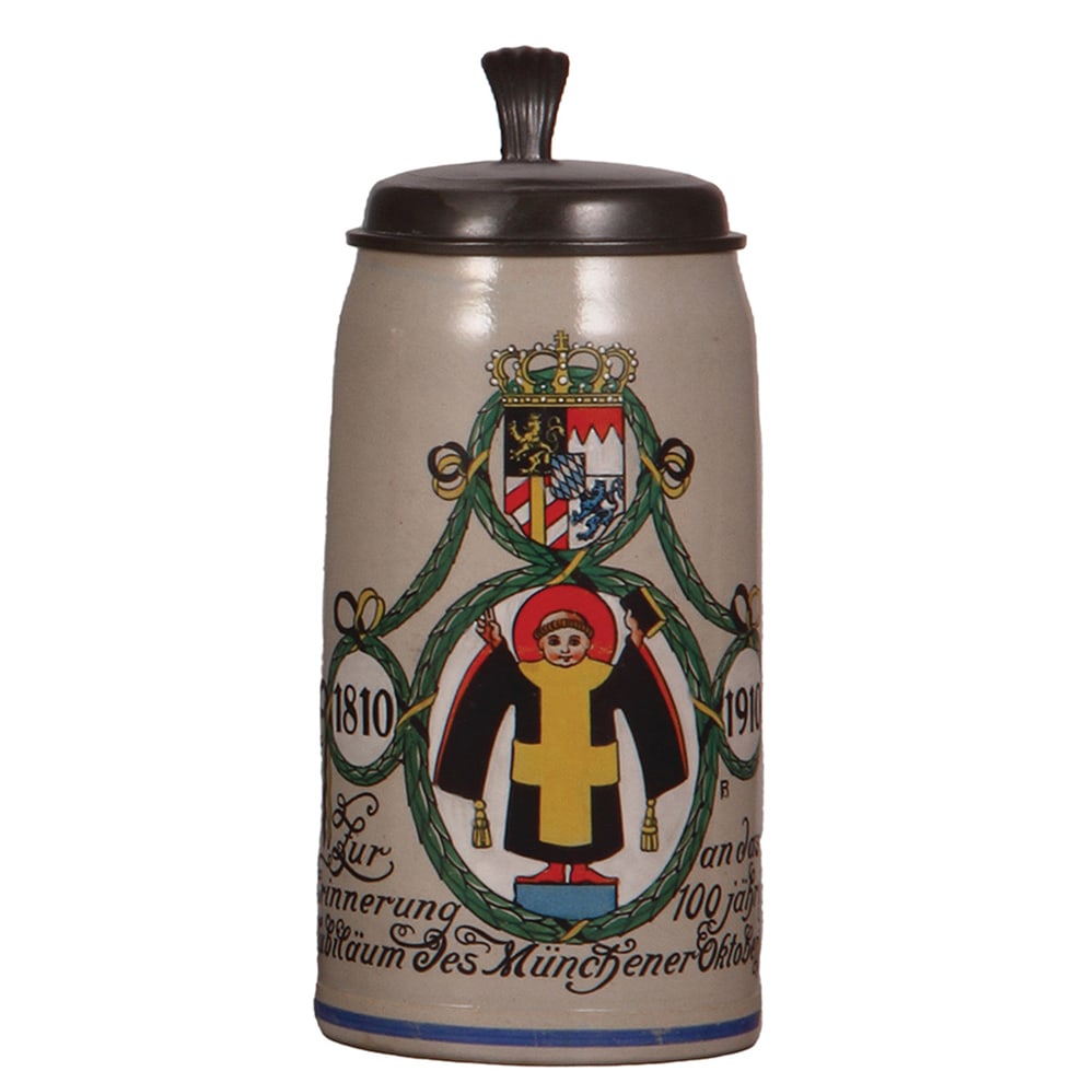 Oktoberfest stein, 1.0L, Oktoberfest 1810 - 1910 : Oktoberfest stein, 1.0L, stoneware, transfer & hand-painted, marked Offizieller Festkrug Oktoberfest 1910, by Franz Ringer, Oktoberfest 1810 - 1910, pewter lid has dent on edge, otherwise mint.