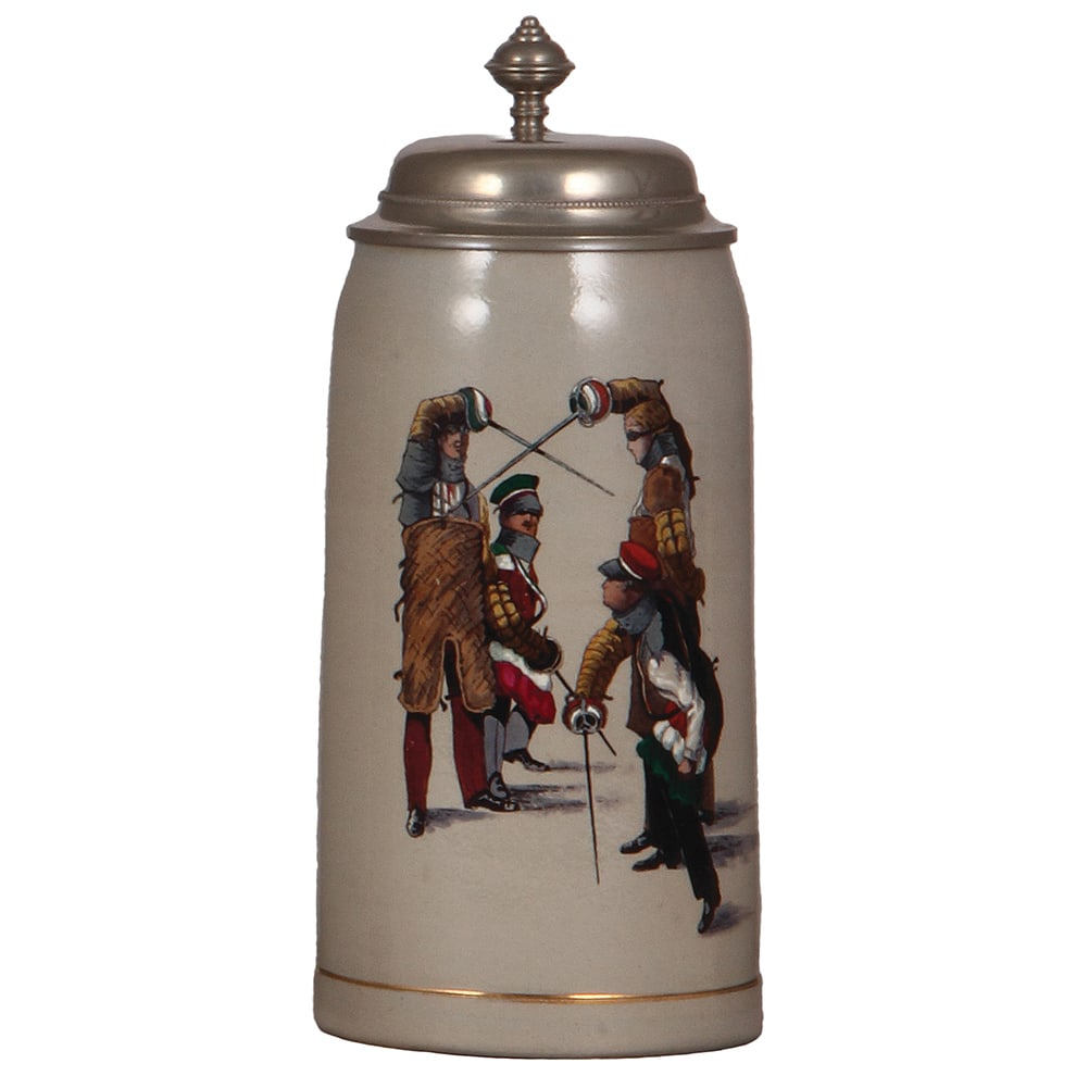 Stoneware stein, 1.0L, student duelers : Stoneware stein, 1.0L, transfer & hand-painted, four student duelers, pewter lid, very striking scene, mint.