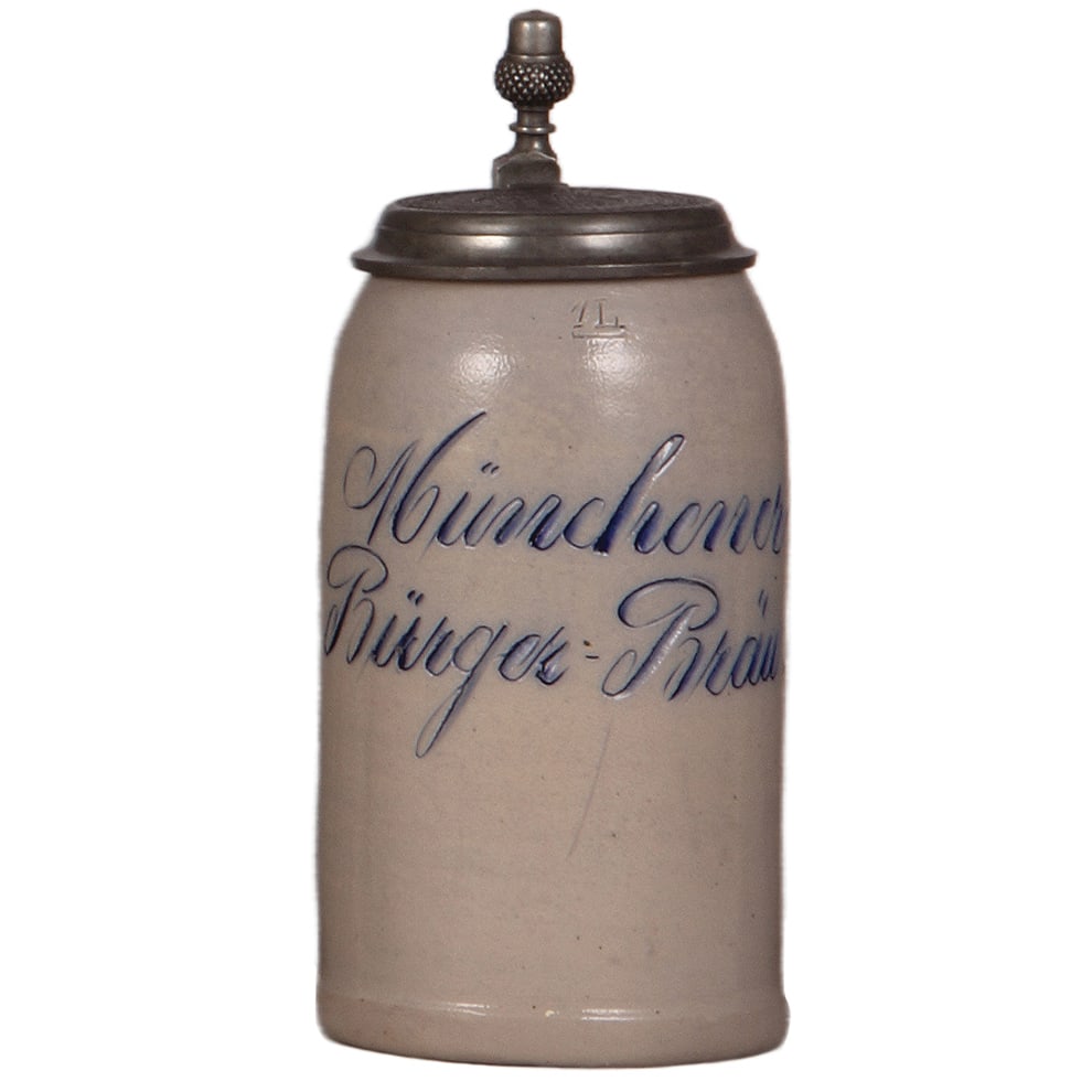 Brewery stein, 1.0L, Münchener Bürger-Bräu : Brewery stein, stoneware, 1.0L, hand-engraved, Münchener Bürger-Bräu, incised pewter lid with logo, mint.