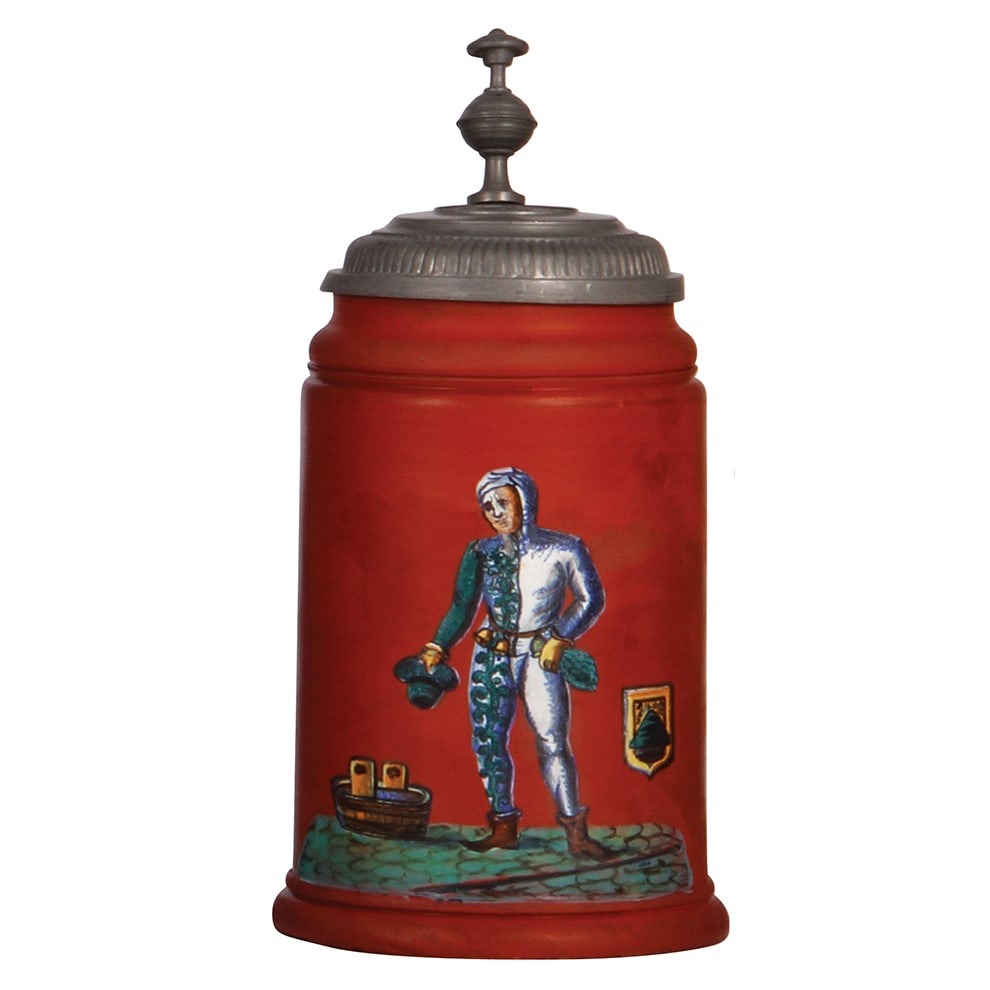 Terra cotta stein, 1.0L, hand-painted, late 1800s : Terra cotta stein, 1.0L, hand-painted, late 1800s, pewter lid with relief medallion, very unusual, minor flakes on underside of base.