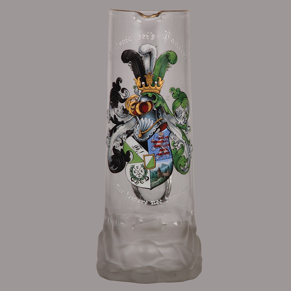 Student glass pitcher, 11.3" ht. : Student glass pitcher, 11.3" ht., blown, hand-painted, student society, Frankonia sei's Panier!, 1899, mint.