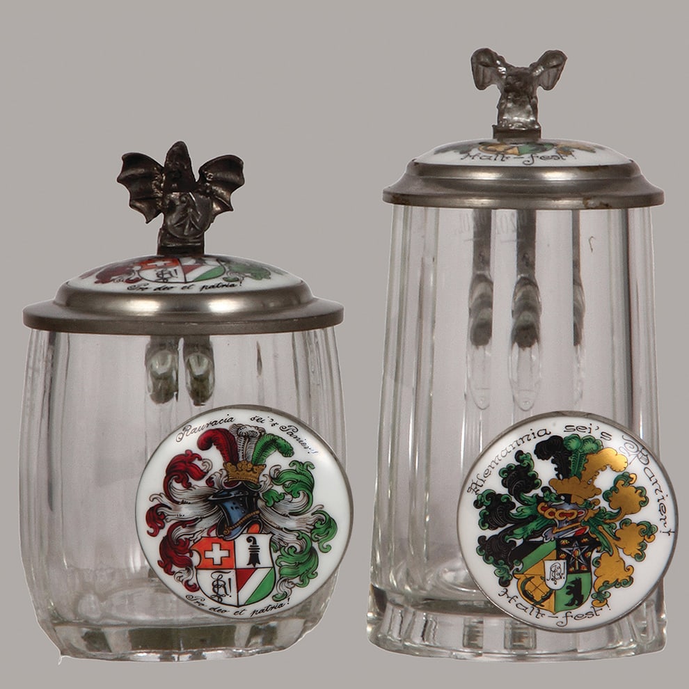 Student steins, two, glass, .3L, : Student steins, two, glass, .3L, pressed, faceted, porcelain inlaid lid: student society, Rauracia sei's Panier! 1936, mint; with, .3L, blown, faceted, porcelain inlaid lid: student society, Alemannia