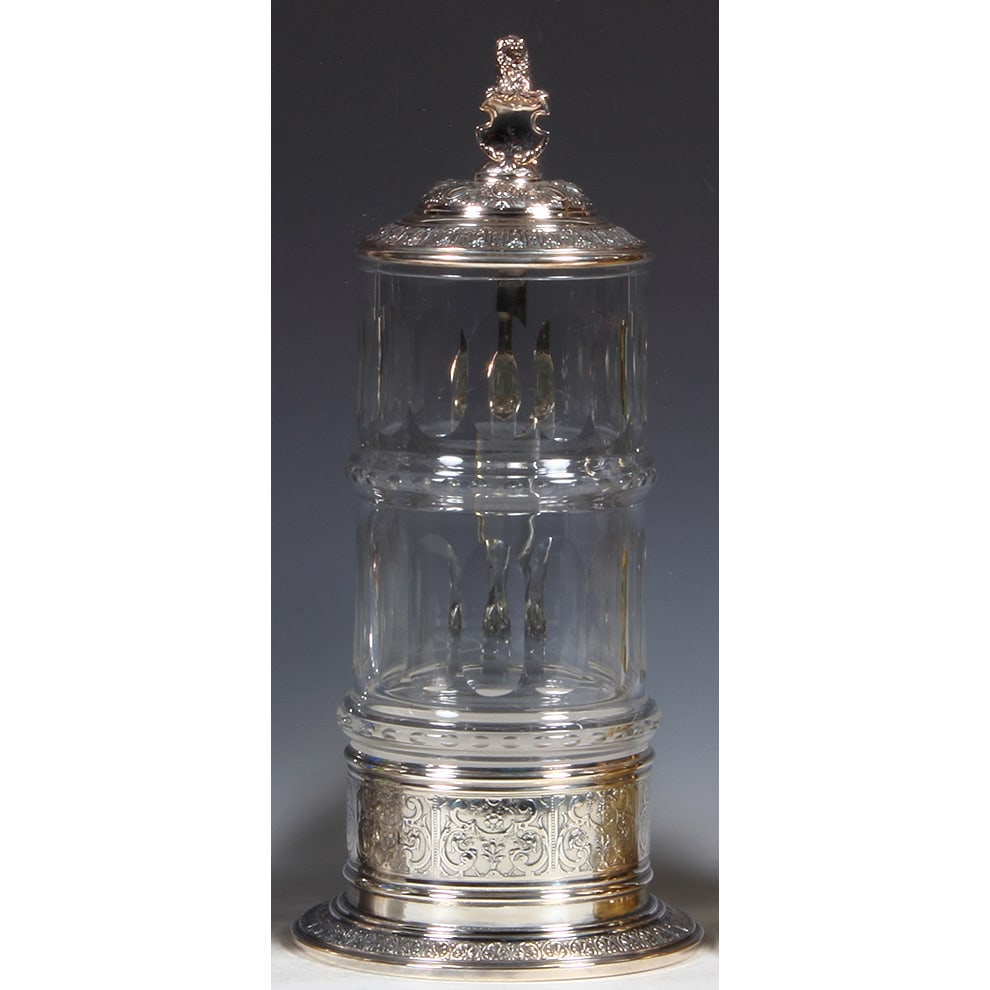 Glass stein, 13.0'' ht., marked W. M. F. : Glass stein, 13.0'' ht., blown, faceted & cut, silver-plated lid & base, marked W. M. F., silver plating in excellent condition, mint.