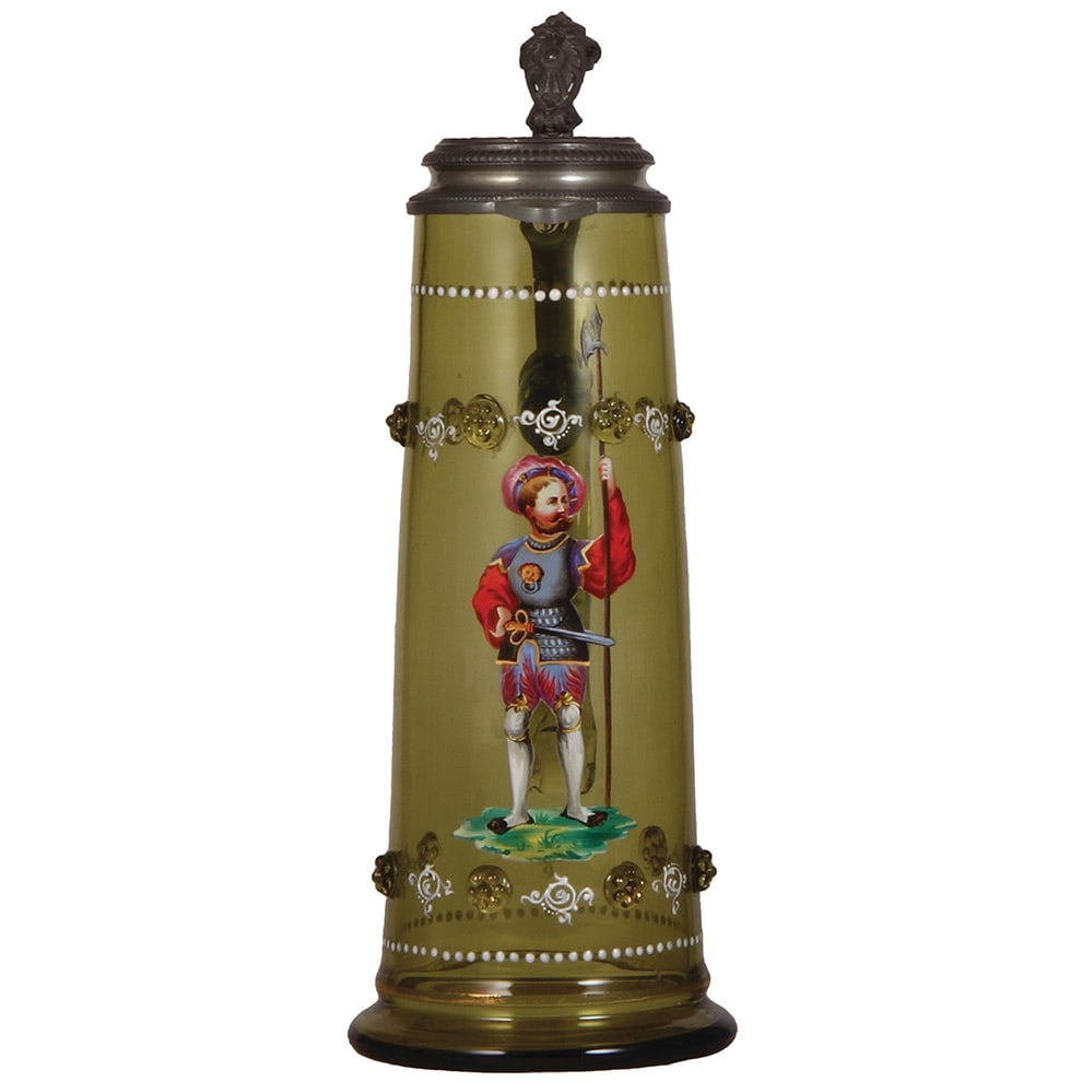 Glass stein, 2.0L, Landsknecht : Glass stein, 2.0L, 13.9" ht., hand-painted, amber, Landsknecht, applied prunts, pewter lid, mint.