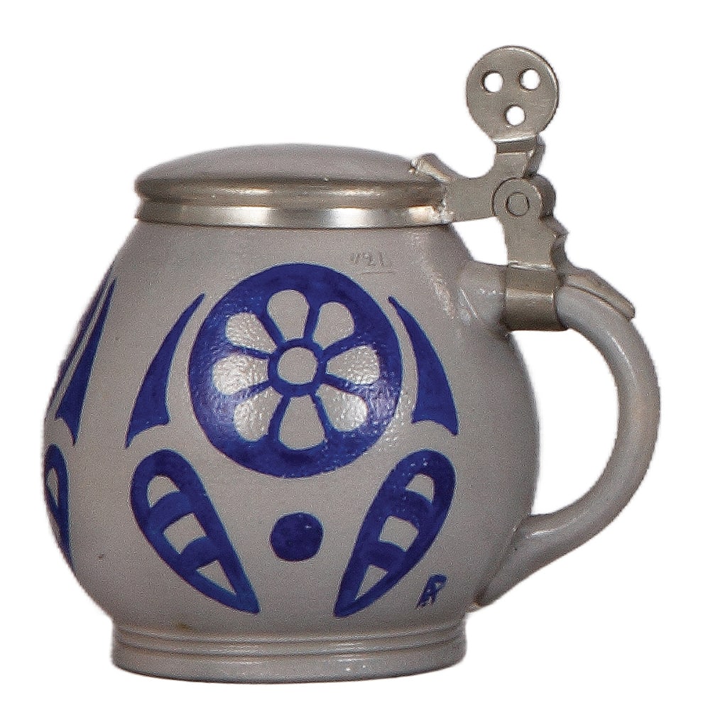 Stoneware stein, .5L, designed by F. Ringer : Stoneware stein, .5L, transfer, marked J. Reinemann, München, designed by F. Ringer, Art Nouveau, pewter lid, mint.